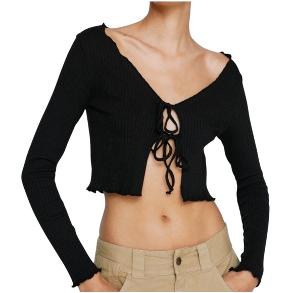 Urban Nation Long Sleeve  Black 100% Cotton  double  Tie-Front Top / shrug - Picture 2 of 7